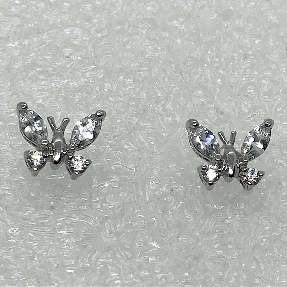 Vtg Sterling Silver & Marquis Cut Cz Stone Butterfly Stud Earrings / 8mm Length